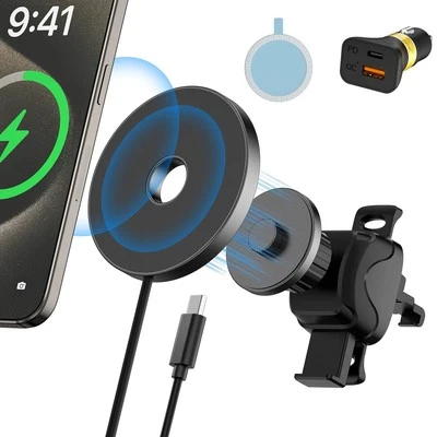 Caricabatteria Da Auto Wireless Magnetico, 2 in 1 per Magsafe Supporto Telefono  - Immagine 1 di 4