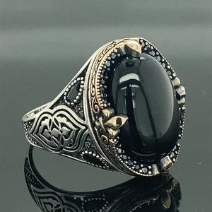 Men’s Handmade Black Onyx Ring Solid 925 Sterling Silver Ottoman Statement - Picture 1 of 10