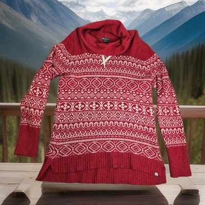 Suéter Pullover Eddie Bauer Para Mujer Grande L Mezcla de Lana Rojo Capucha Cuello Fair Isle Foto 1 de 4