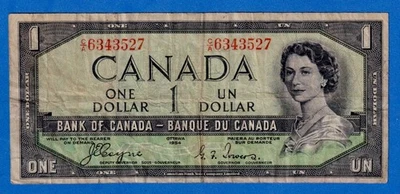 CANADA $1 1954 BC-29a / P-66a QE II Circulated DEVIL'S FACE 👿 C/A 6343527 - Image 1 of 3