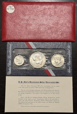 1976-S Bi-Centennial 25C, 50C, $1 *40% Silver* 3 Coin Red Envelope UNC Set w/COA - Image 1 of 4