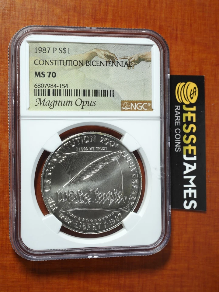 1987 P $1 SILVER CONSTITUTION COMMEMORATIVE DOLLAR NGC MS70 MAGNUM OPUS LABEL - Image 1 of 2