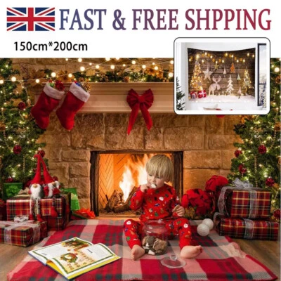 7×5FT Christmas Backdrop Large Xmas Fireplace Tree Photography Background Party - Image 1 of 4