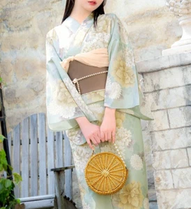 Japanischer Sommer Kimono Yukata Morgenmantel Mint Pfingstrosen Muster Obi Set Damen - Bild 1 von 12