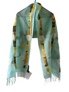 Passigatti Silk Cotton scarf stole pashmina green mint emboidered floral new