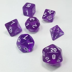 Purple Translucent D&D Dice Set With White Numbering And A Free Purple Dice Bag - Picture 1 of 2