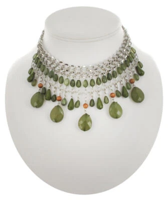 Fringe Green Beaded Collar Necklace Silver Tone Chain Statement 14.5-18" - Image 1 of 3