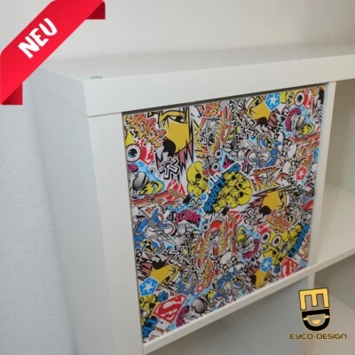 🔵🟡IKEA Kallax Tür Einsatz Regal Aufbewahrung Box Expedit 33x33 cm stickerbomb - Bild 1 von 3