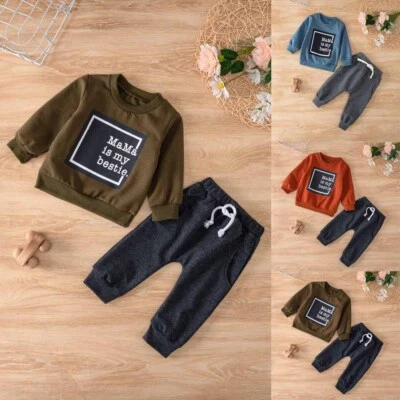 2PCS Infant Kids Baby Boys Letter Pullover Shirt Outfits Tops+ Pants Clothes Set - Image 1 of 4