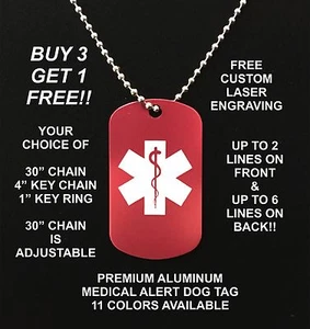 MEDICAL ALERT ALUMINUM DOG TAG NECKLACE FREE ENGRAVING DIABETIC ALLERGIES ICE - Picture 1 of 1