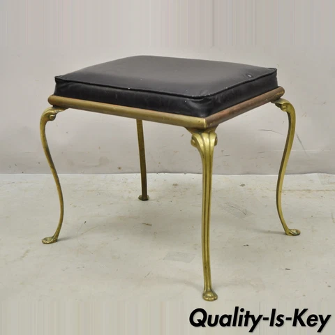 Vintage Hollywood Regency Brass Frame Cabriole Leg Vanity Bench Stool Cover
