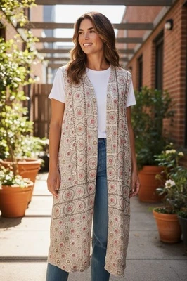 NUEVO Chaleco Plumero Surroundings Boho Cuentas Largo Frente Abierto Sin Mangas Capas O/S Foto 1 de 4