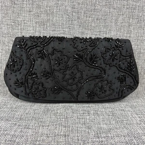 La Regale Vintage Evening Bag Black Satin Beaded Corded Strap Crossbody Clutch - Picture 1 of 15