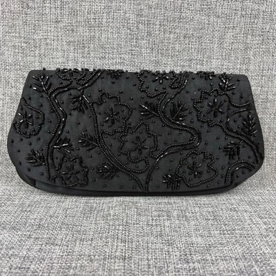 La Regale Vintage Evening Bag Black Satin Beaded Corded Strap Crossbody Clutch - Image 1 of 4