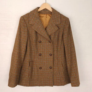 Womens Vintage Blazer Tweed Jacket UK18 Brown Check Gingham Double Breasted - Picture 1 of 16