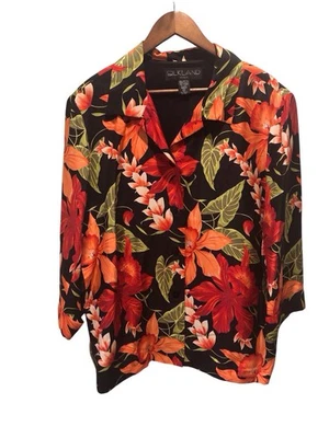 Blazer Silkland Mujer Talla 2X Negro Floral Hibisco 100% Pura Seda Forrado Puños Foto 1 de 4