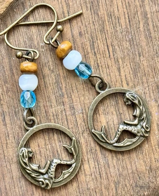 Bronze, Mother of Pearl, Wood and Blue Crystal Bead Mermaid Earrings. Beach. - Image 1 of 3