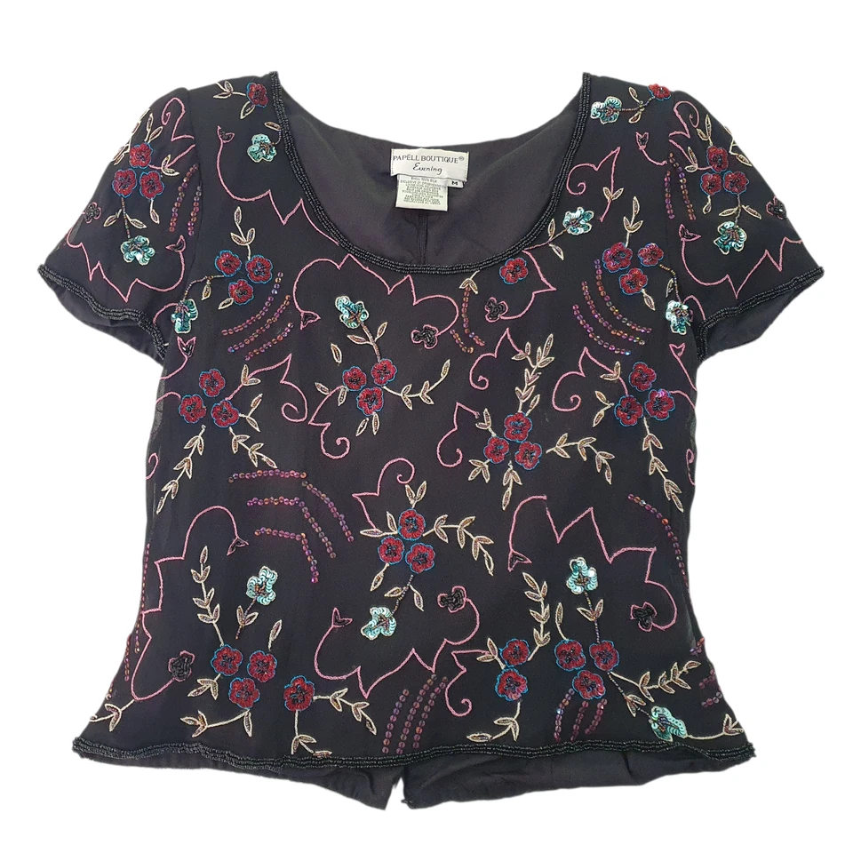 Papell Boutique Evening Size M Vintage 90s Silk Embroidered Beaded Blouse Top - image 1 of 4