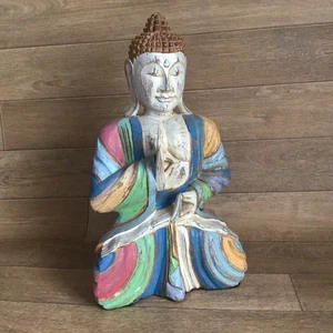 Budda große handgeschnitzte Holzstatue Whitewash 40 cm/16 Zoll Höhe betende Dekor - Bild 1 von 11