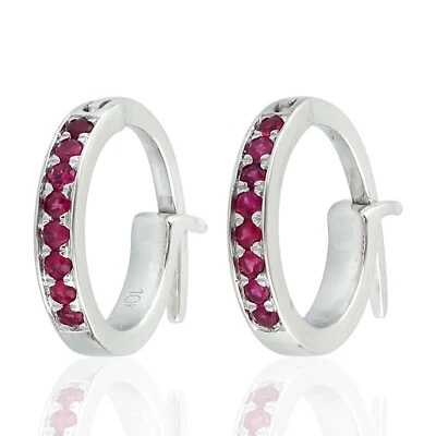 Genuine Ruby Dainty Huggie Hoop Earrings 10k White Gold Jewelry Gift for Women - Image 1 of 4