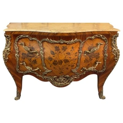 Q `Château Digne Français Commode Ancien Barock-Intarsien Louis XV Style - Photo 1/4