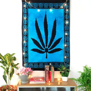 Pósters de algodón azul indio marihuana hierba hoja rasta decoración de pared tapiz - Imagen 1 de 7