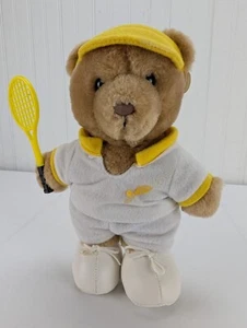 Vintage Dakin Brown Teddy Bear Tennis Pro Plush 9" Stuffed Animal White Yellow - Picture 1 of 11
