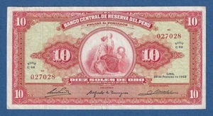 PERU -- 10 SOLES DE ORO ( 26.2.1965 ) -- MBC // VF -- SERIE C58 -- PICK 88 . - Foto 1 di 2