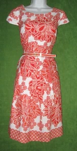 R&K Originals Orange White Print Stretch Cotton Pockets Belt Work Dress 8 $79 - Picture 1 of 7