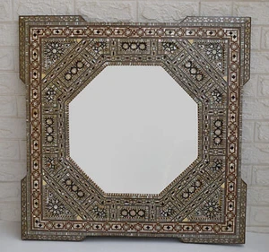 Handcrafted 29" * 29" Moroccan Wood Wall Mirror Frame, Mother of Pearl Inlay - Picture 1 of 7