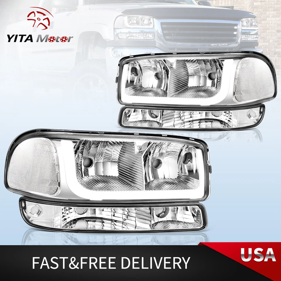 DRL LED Chrome Clear Headlights+Bumper Lamps For 1999-2006 GMC Sierra 1500 2500 - Image 1 of 4