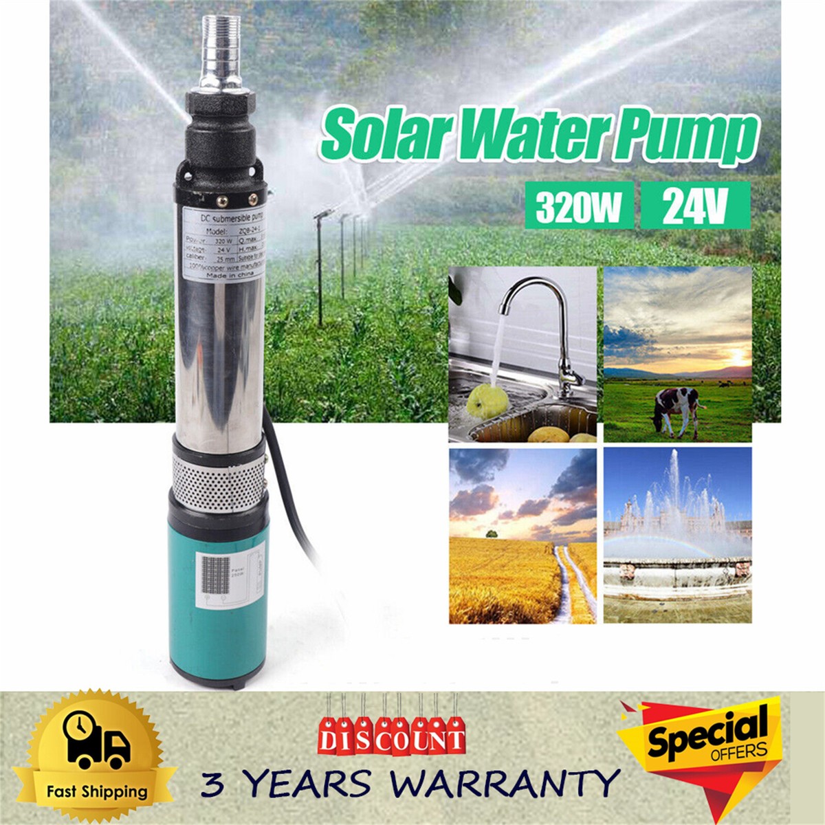 Solar Submersible Water Pump 370W Solar Deep Well Pump DC 24V - 213ft ...