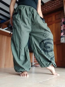 Green Black Harem Pants Wide Leg Baggy Yoga Hippie Summer Light Travel Trousers - Picture 1 of 7