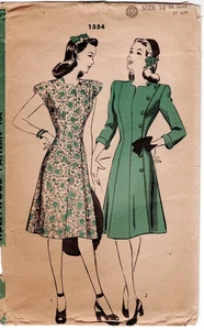 34" Vintage 1940s Side Buttoning Dress Sewing Pattern Hollywood 1554 - Picture 1 of 2