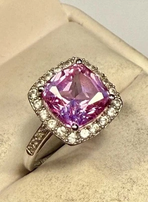 Anillo de cóctel de topacio rosa corte cojín oro blanco 10K sólido talla 7 ESTATE Foto 1 de 4