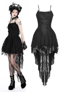 DARK IN LOVE Women Black Punk Gothic Strap Rose Bloom Dovetail Lace Party Dress - Picture 1 of 20