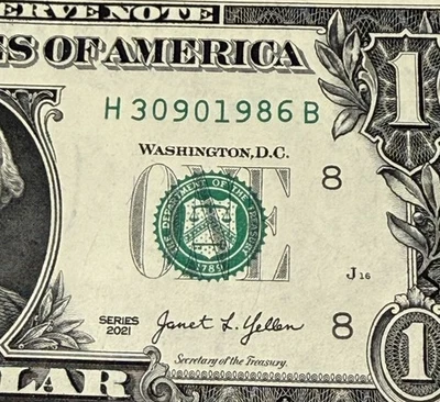 March 9th 1986 Birthday Note Fancy Serial Number One Dollar Bill 30901986 - Image 1 of 3