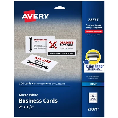 Avery Business Cards Perforated Matte White 2"x3.5" Paper Inkjet pk of 100 cards - Image 1 of 4