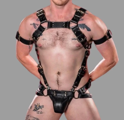 Men's Leather Full Body Harness with jockstrap, Leather Chest Armor Buckles - Photo 1/4