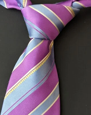 Gravata masculina Hugo Boss etiqueta preta listrada Itália rosa cinza ouro em excelente estado usado - Imagem 1 de 4