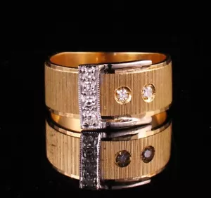 RETRO VINTAGE ESTATE SOLID 18K YELLOW GOLD DIAMOND 10MM WIDE BAND BUCKLE RING - Picture 1 of 7