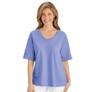 Stylish Zig-Zag Lace Trim V-Neck Top with Elbow-Length Sleeves - Picture 1 of 4