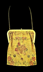 ANTIQUE C.1900 FLORAL BASKET MICRO-METAL BEADED BAG - FRANCE - Picture 1 of 8