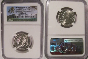 2020 W American Samoa Park NP Quarter 25c NGC MS 65 Privy Mark V75 Bat Coin - Picture 1 of 2