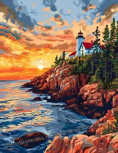 Acadia National Park Maine Bass Harbor faro alba stampa giclée 8,5X11 - Foto 1 di 2
