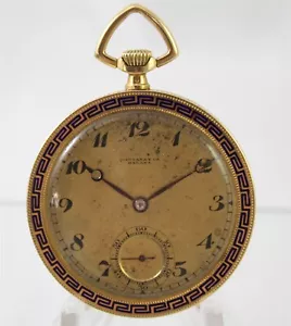 Vintage Movado 18K Gold Blue Enamel Greek Key 15J Private Label Pocket Watch - Picture 1 of 8