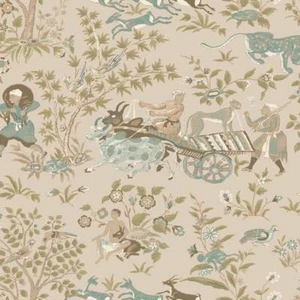 Wallpaper Cashmere Far East Asian Toile Aqua Beige Green Metallic Gold, 60 sq ft - Picture 1 of 1