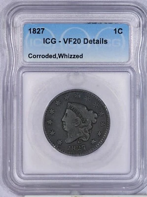 1827 CORONET HEAD LARGE CENT 1C ICG VF20 DETAILS - Image 1 of 2
