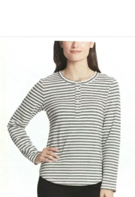 VINTAGE X AMERICA WOMEN'S STRIPE LONG SLEEVE HENLEY TOP(BLK/WHITE XSMALL)NWT - Image 1 of 2