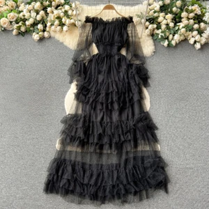 Women Off-shoulder Tulle Mesh Ruffle Dress Long Sleeve Sheer Tutu Party Summer - Picture 1 of 19